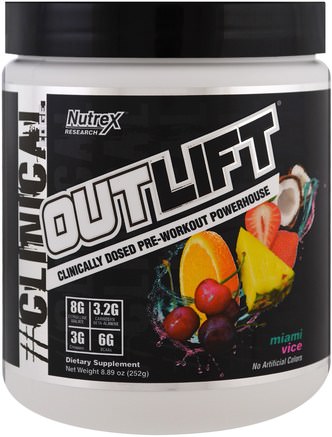 Outlift, Clinically Dosed Pre-Workout Powerhouse, Miami Vice, 8.89 oz (252 g) by Nutrex Research Labs-Hälsa, Energi, Sport