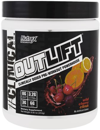 Outlift, Clinically Dosed Pre-Workout Powerhouse, Wild Cherry Citrus, 8.92 oz (253 g) by Nutrex Research Labs-Hälsa, Energi, Sport