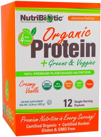 Organic Protein + Greens & Veggies, Creamy Vanilla, 12 Single Serving Packets, 1.26 oz (36 g) Each by NutriBiotic-Kosttillskott, Protein