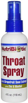 Throat Spray, 4 fl oz (118 ml) by NutriBiotic-Kosttillskott, Grapefruktfrö Extrakt, Kall Influensa Och Viral, Halsvårdspray
