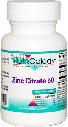 Zinc Citrate 50, 60 Veggie Caps by Nutricology-Kosttillskott, Mineraler, Zink