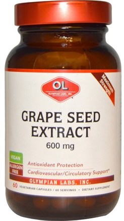 Maximum Strength, 600 mg, 60 Vegetarian Capsules by Olympian Labs Grape Seed Extract-Kosttillskott, Antioxidanter, Druvfrö Extrakt