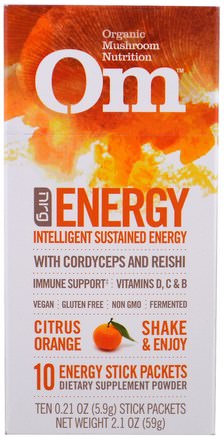 Energy, Mushroom Powder, Citrus Orange, 10 Packets, 0.21 oz (5.9 g) Each by Organic Mushroom Nutrition-Hälsa, Energi, Kall Influensa Och Virus, Immunsystem