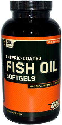 Enteric Coated Fish Oil, 200 Softgels by Optimum Nutrition-Kosttillskott, Efa Omega 3 6 9 (Epa Dha), Fiskolja, Fiskolja, Enterisk Belagd, Sport