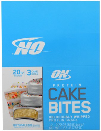 Protein Cake Bites, Birthday Cake, 12 Bars, 2.22 oz (63 g) Each by Optimum Nutrition-Kosttillskott, Näringsmässiga Barer, Sport