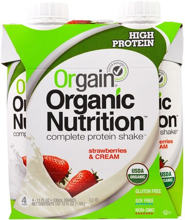 Organic Nutrition Complete Protein Shake, Strawberries & Cream, 4 Pack, 11 fl oz (330 ml) Each by Orgain-Kosttillskott, Proteindrycker, Proteinskakningar