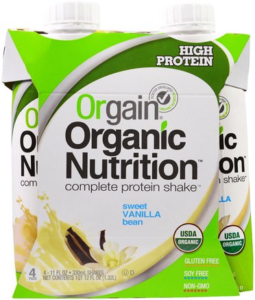Organic Nutrition Complete Protein Shake, Sweet Vanilla Bean, 4 Pack, 11 fl oz (330 ml) Each by Orgain-Kosttillskott, Proteindrycker, Proteinskakningar