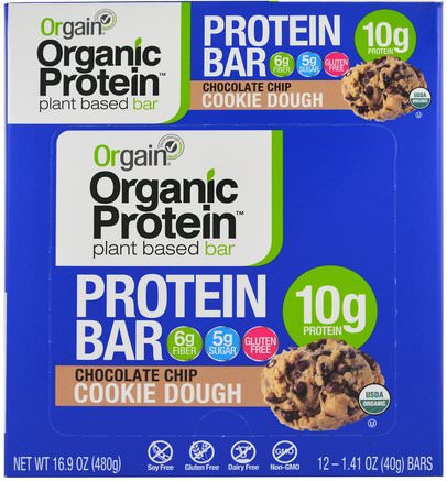 Organic Plant-Based Protein Bar, Chocolate Chip Cookie Dough, 12 Bars, 1.41 oz (40 g) Each by Orgain-Sport, Protein Barer