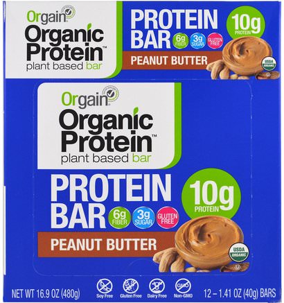 Organic Plant-Based Protein Bar, Peanut Butter, 12 Bars, 1.41 oz (40 g) Each by Orgain-Sport, Protein Barer