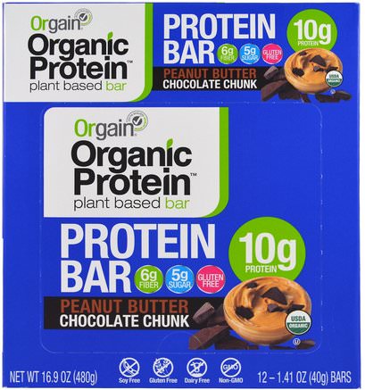 Organic Plant-Based Protein Bar, Peanut Butter Chocolate Chunk, 12 Bars, 1.41 oz (40 g) Each by Orgain-Sport, Protein Barer