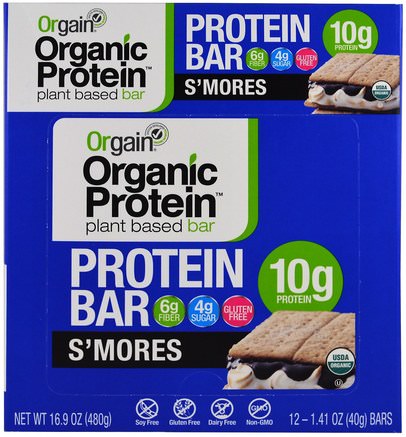 Organic Plant-Based Protein Bar, Smores, 12 Bars, 1.41 oz (40 g) Each by Orgain-Sport, Protein Barer