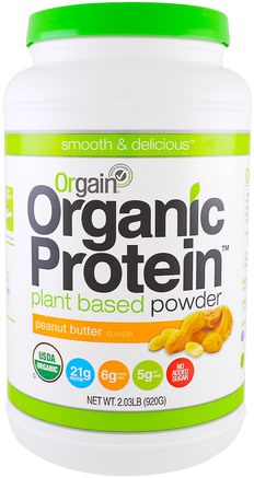 Organic Protein Plant Based Powder, Peanut Butter, 2.03 lb (920 g) by Orgain-Kosttillskott, Protein, Orgainproteinpulver