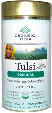 Loose Leaf Tulsi Holy Basil Tea Blend, Original, Caffeine Free, 3.5 oz (100 g) by Organic India-Mat, Örtte, Tulsi Te, Kosttillskott, Adaptogen