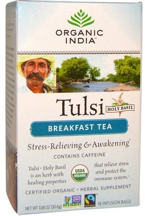 Tulsi, Holy Basil, Breakfast Tea, 18 Infusion Bags, 1.08 oz (30.6 g) by Organic India-Mat, Örtte, Tulsi Te, Kosttillskott, Adaptogen