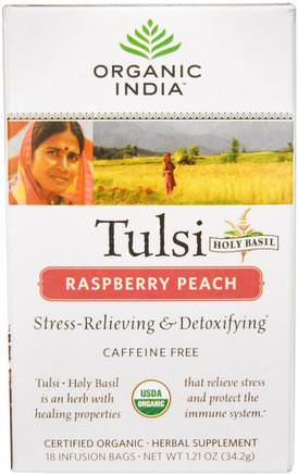 Tulsi Holy Basil, Raspberry Peach, Caffeine Free, 18 Infusion Bags, 1.21 oz (34.2 g) by Organic India-Mat, Örtte, Tulsi Te, Kosttillskott, Adaptogen