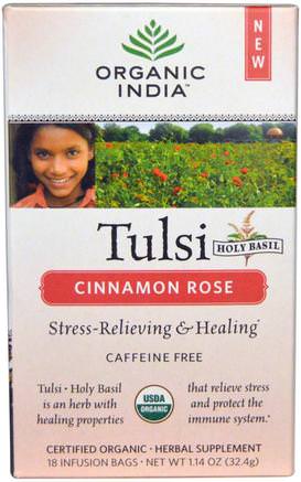 Tulsi Holy Basil Tea, Cinnamon Rose, Caffeine-Free, 18 Infusion Bags, 1.14 oz (32.4 g) by Organic India-Mat, Örtte, Tulsi Te, Kosttillskott, Adaptogen