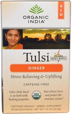Tulsi Holy Basil Tea, Ginger, Caffeine-Free, 18 Infusion Bags, 1.14 oz (32.4 g) by Organic India-Mat, Örtte, Tulsi Te, Kosttillskott, Adaptogen