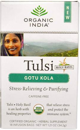 Tulsi Holy Basil Tea, Gotu Kola, Caffeine-Free, 18 Infusion Bags, 1.21 oz (34.2 g) by Organic India-Mat, Örtte, Tulsi Te, Kosttillskott, Adaptogen