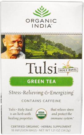 Tulsi Holy Basil Tea, Green Tea, 18 Infusion Bags, 1.21 oz (34.2 g) by Organic India-Mat, Örtte, Tulsi Te, Kosttillskott, Adaptogen