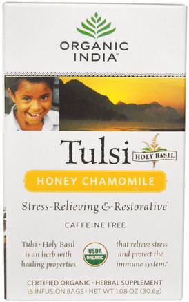 Tulsi Holy Basil Tea, Honey Chamomile, Caffeine-Free, 18 Infusion Bags, 1.08 oz (30.6 g) by Organic India-Mat, Örtte, Tulsi Te, Kosttillskott, Adaptogen