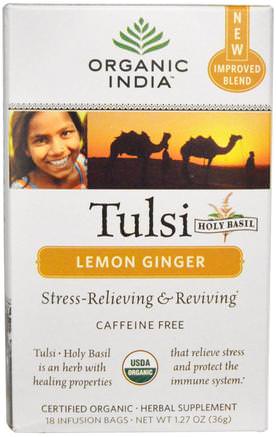 Tulsi Holy Basil Tea, Lemon Ginger, Caffeine Free, 18 Infusion Bags, 1.27 oz (36 g) by Organic India-Mat, Örtte, Ingefära Te, Tulsi Te