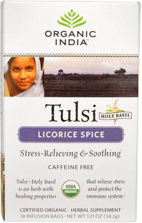 Tulsi Holy Basil Tea, Licorice Spice, Caffeine Free, 18 Infusion Bags, 1.21 oz (34.2 g) by Organic India-Mat, Örtte, Tulsi Te, Kosttillskott, Adaptogen