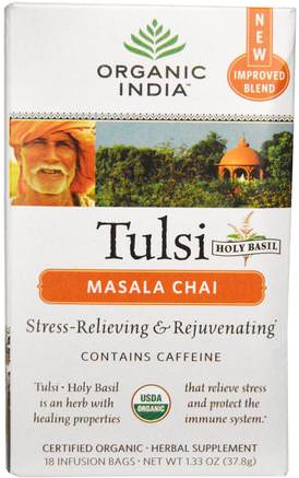 Tulsi Holy Basil Tea, Masala Chai, 18 Infusion Bags, 1.33 oz (37.8 g) by Organic India-Mat, Örtte, Tulsi Te, Kosttillskott, Adaptogen