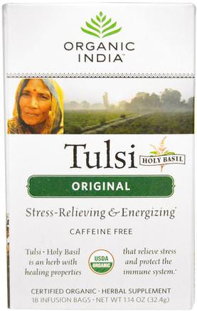 Tulsi Holy Basil Tea, Original, Caffeine-Free, 18 Infusion Bags, 1.14 oz (32.4 g) by Organic India-Mat, Örtte, Tulsi Te, Kosttillskott, Adaptogen