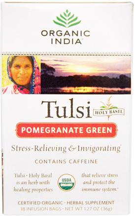 Tulsi Holy Basil Tea, Pomegranate Green, 18 Infusion Bags, 1.27 oz (36 g) by Organic India-Mat, Örtte, Tulsi Te, Kosttillskott, Adaptogen