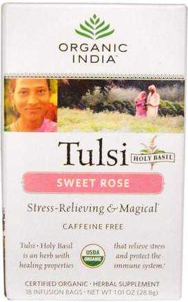 Tulsi Holy Basil Tea, Sweet Rose, Caffeine Free, 18 Infusion Bags, 1.01 oz (28.8 g) by Organic India-Mat, Örtte, Tulsi Te, Kosttillskott, Adaptogen