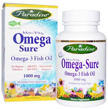 Med Vita, Omega Sure, Omega-3 Fish Oil, 1000 mg, 30 Liquid Vgels by Paradise Herbs-Kosttillskott, Efa Omega 3 6 9 (Epa Dha), Fiskolja, Mjölkgjorda Fiskoljor