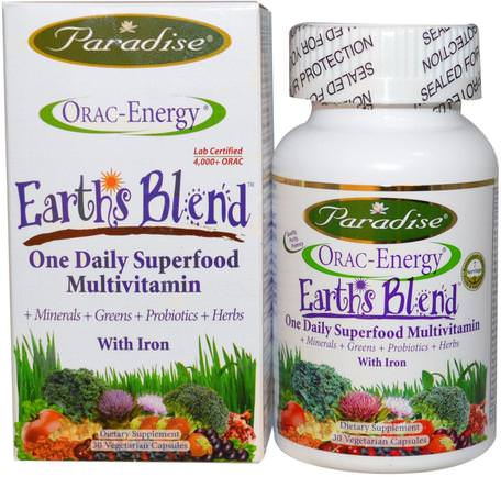 ORAC-Energy, Earths Blend, One Daily Superfood Multivitamin, With Iron, 30 Veggie Caps by Paradise Herbs-Vitaminer, Multivitaminer