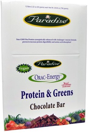 ORAC-Energy, Protein & Greens, Chocolate Bar, 12 Bars, 2.22 oz (63 g) Each by Paradise Herbs-Sport, Protein Barer, Vegetariska Livsmedel