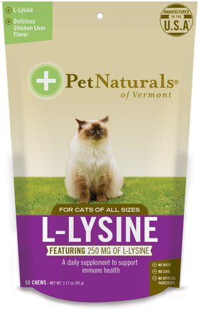 L-Lysine, For Cats, Chicken Liver Flavor, 250 mg, 60 Chews, 3.17 oz (90 g) by Pet Naturals of Vermont-Husdjursvård, Tillägg För Husdjurskatter