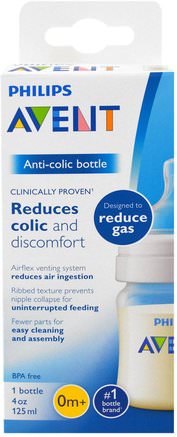 Anti-Colic Bottle, 0 + Months, 1 Bottle, 4 oz (125 ml) by Philips Avent-Barns Hälsa, Babyfodring, Babyflaskor