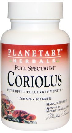 Full Spectrum Coriolus, 1.000 mg, 30 Tablets by Planetary Herbals-Kosttillskott, Medicinska Svampar, Kalkon Svans (Coriolus Versicolor Psk) Svamp, Svamp Kapslar