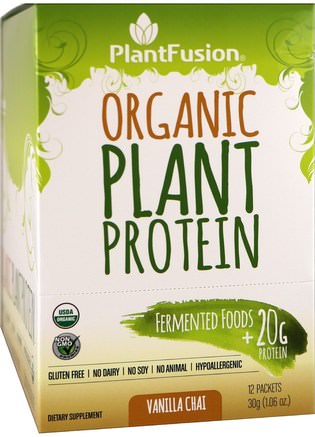 Organic Plant Protein, Vanilla Chai, 12 Packets, 1.06 oz (30 g) Each by PlantFusion-Sport, Kosttillskott, Protein