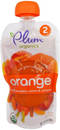 Stage 2, Eat Your Colors, Orange, Peach, Pumpkin, Carrot & Cinnamon, 3.5 oz (99 g) by Plum Organics-Barns Hälsa, Babyfodring, Mat, Barnmat