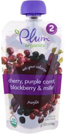 Stage 2, Eat Your Colors, Purple, Cherry, Purple Carrot, Blackberry & Millet, 3.5 oz (99 g) by Plum Organics-Barns Hälsa, Babyfodring, Mat