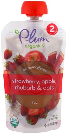 Stage 2, Eat Your Colors, Red, Strawberry, Apple, Rhubarb & Oats, 3.5 oz (99 g) by Plum Organics-Barns Hälsa, Babyfodring, Mat