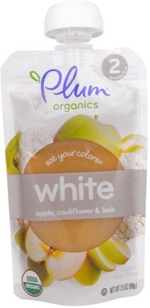Stage 2, Eat Your Colors, White, Apple, Cauliflower & Leek, 3.5 oz (99 g) by Plum Organics-Barns Hälsa, Babyfodring, Mat, Barnmat