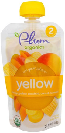 Stage 2, Eat Your Colors, Yellow, Mango, Yellow Zucchini, Corn & Turmeric, 3.5 oz (99 g) by Plum Organics-Barns Hälsa, Babyfodring, Mat, Barnmat