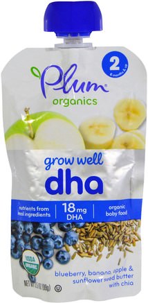 Grow Well, DHA, Blueberry, Banana, Apple & Sunflower Seed Butter with Chia, 3.5 oz (99 g) by Plum Organics-Barns Hälsa, Babyfodring, Mat, Barnmat