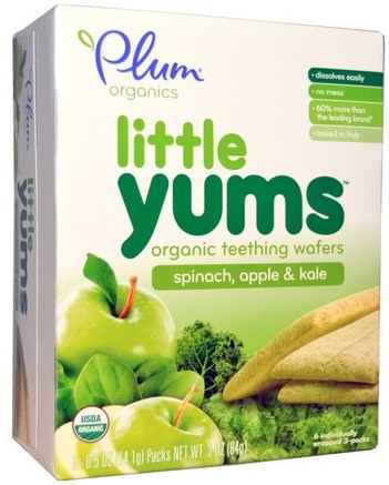 Little Yums, Organic Teething Wafers, Spinach, Apple & Kale, 6 Packs, 0.5 oz (14.1 g) Each by Plum Organics-Barns Hälsa, Baby Tänder, Babyfoder, Baby Snacks Och Finger Mat, Tandvård Kakor Kakor