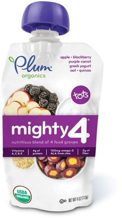 Tots, Mighty 4, Nutritious Blend of 4 Food Groups, Apple, Blackberry, Purple Carrot, Greek Yogurt, Oat & Quinoa, 4 oz (113 g) by Plum Organics-Barns Hälsa, Babyfodring, Mat, Barnmat