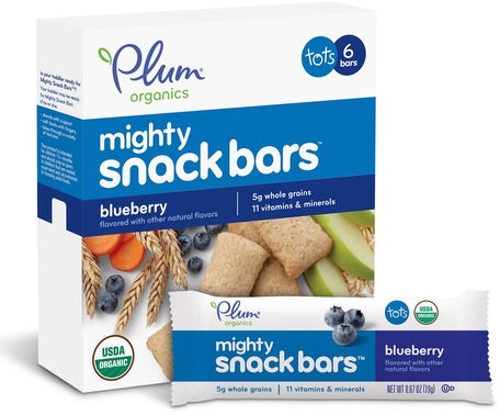 Tots, Mighty Snack Bars, Blueberry, 6 Bars, 0.67 oz (19 g) Each by Plum Organics-Barns Hälsa, Babyfodring, Baby Snacks Och Fingermat, Barnmat