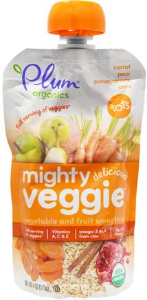 Tots, Mighty Veggie, Carrot, Pear, Pomegranate Oats, 4 oz (113g) by Plum Organics-Barns Hälsa, Babyfodring, Mat, Barnmat