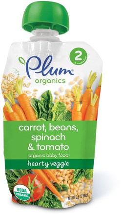 Organic Baby Food, Stage 2, Hearty Veggie, Carrot, Beans, Spinach & Tomato, 3.5 oz (99 g) by Plum Organics-Barns Hälsa, Babyfodring, Mat, Barnmat