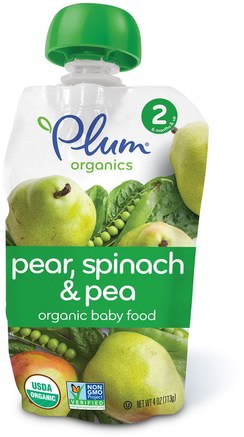 Organic Baby Food, Stage 2, Pear, Spinach & Pea, 4 oz (113 g) by Plum Organics-Barns Hälsa, Babyfodring, Mat, Barnmat