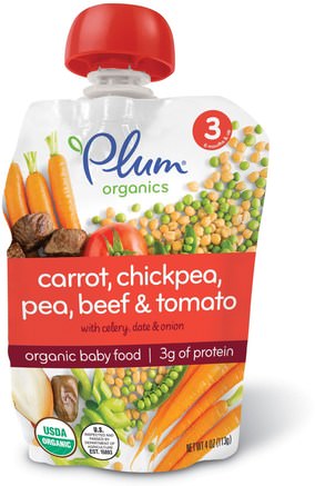 Organic Baby Food, Stage 3, Carrot, Chickpea, Pea, Beef & Tomato, 4 oz (113 g) by Plum Organics-Barns Hälsa, Babyfodring, Mat, Barnmat